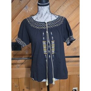 Boho Embroidered Peasant Blouse Black Yellow Tassel Tie Short Sleeve Gauze Top